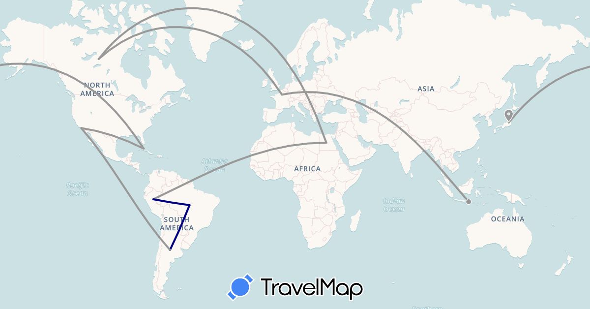 TravelMap itinerary: driving, plane in Argentina, Brazil, Canada, Cuba, Egypt, France, Indonesia, Japan, Peru, United States (Africa, Asia, Europe, North America, South America)